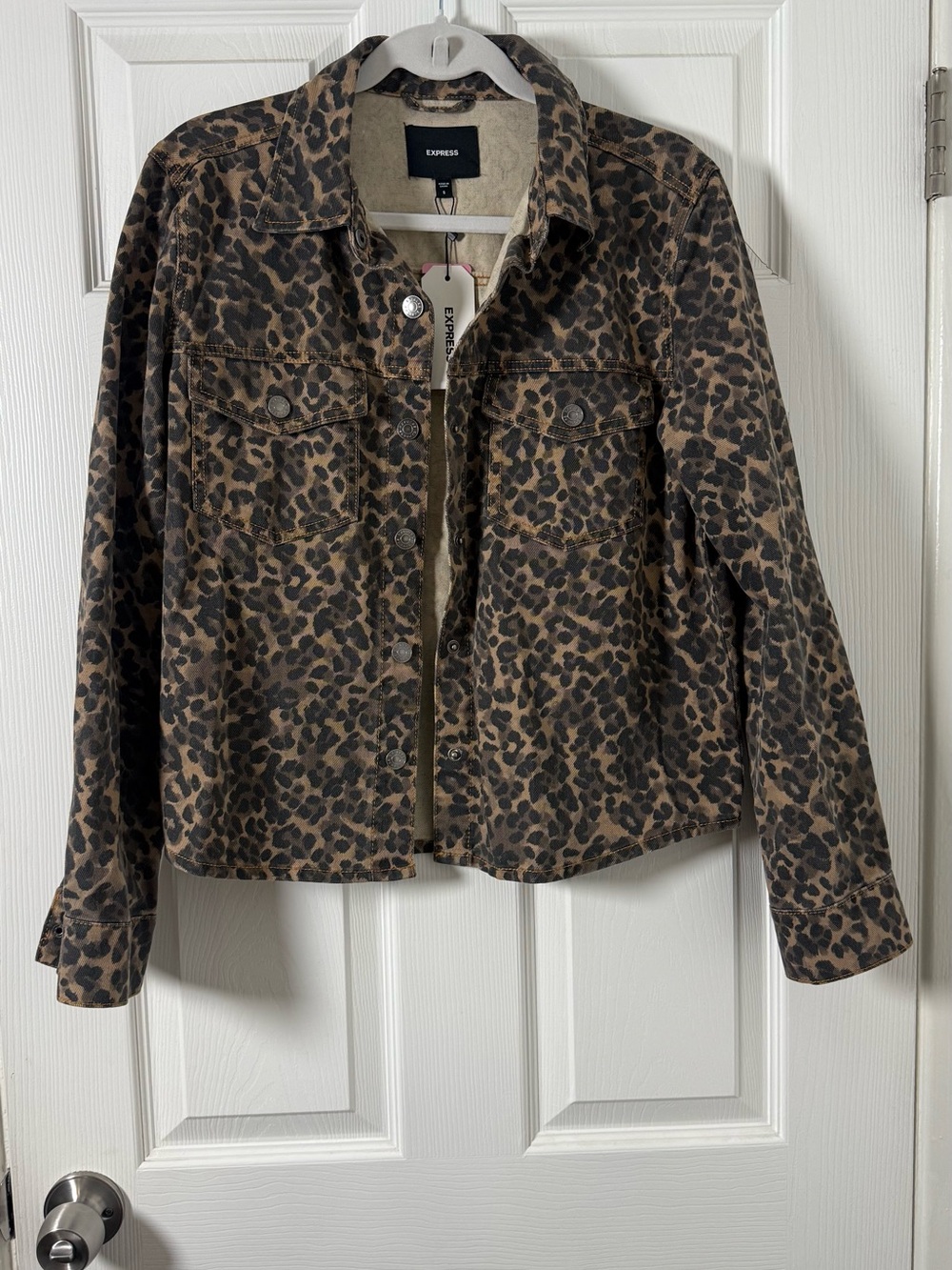 Express Leopard Print Jean Jacket in Brown and Black